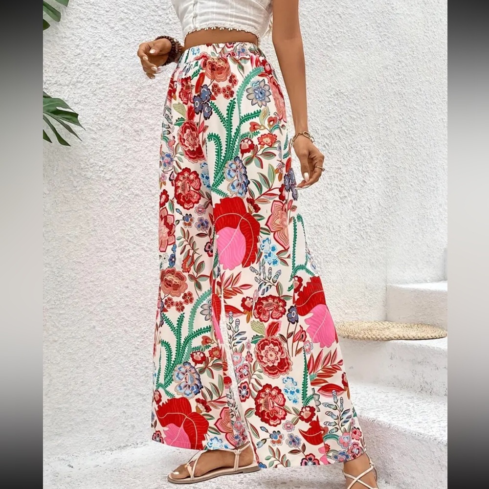 Red Multicolor pocketed high rise floral Wide bohemian boho Long Pants - Picture 6 of 6